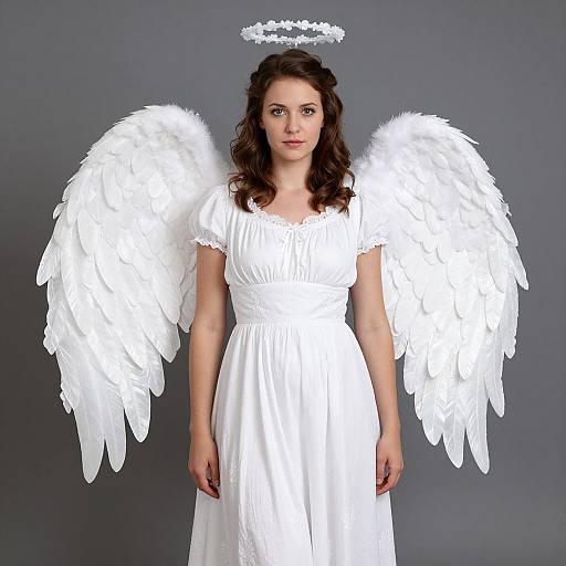 Photograph of a young woman with wavy brown hair, wearing a white angelic dress, white feathered wings, and a halo, against a