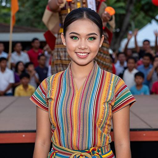 Photograph of a smiling Asian woman with green eyes, wearing a colorful striped dress, standing in front of a blurred crowd and performers in a vibrant outdoor