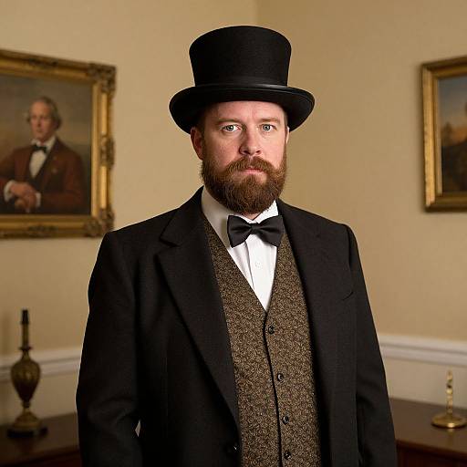 Photograph of a bearded man with fair skin, blue eyes, wearing a black top hat, black suit, white shirt, brown vest, and
