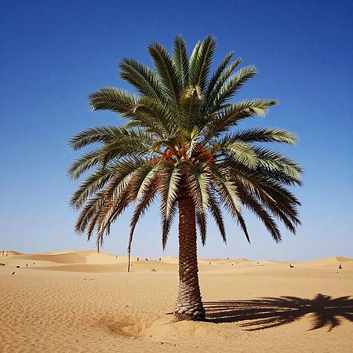 Photograph of a solitary palm tree with lush green fronds standing in a vast, sunlit desert with golden sand dunes under a clear, vibrant