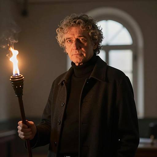 Middle-aged man holding torch in dim room