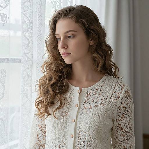 Photograph of a fair-skinned woman with wavy brown hair, wearing a white lace button-up cardigan, standing by a bright, lace-covered
