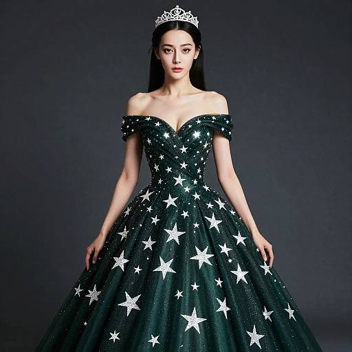 Photograph of an Asian woman with long black hair, wearing a black off-shoulder star-patterned ball gown and silver tiara, standing against