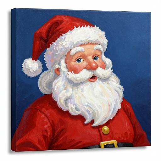 Digital painting of a cheerful Santa Claus with a large white beard, red hat, and coat, set against a dark blue background.