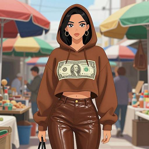 Digital illustration of a dark-haired woman in a brown hoodie with a dollar bill graphic, leather pants, and hoop earrings, standing in a colorful outdoor market