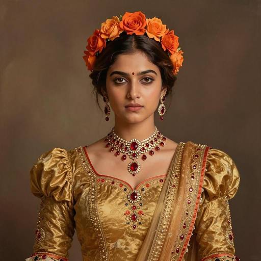 Indian Woman in Victorian-Inspired Gold Dress