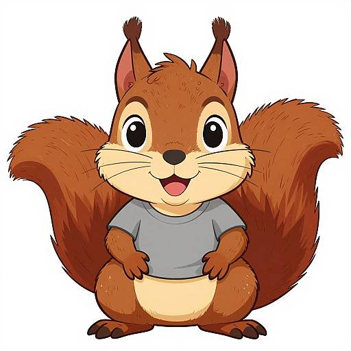 Cute cartoon squirrel with large eyes, brown fur, and a bushy tail, wearing a gray shirt, smiling with an open mouth. Digital illustration
