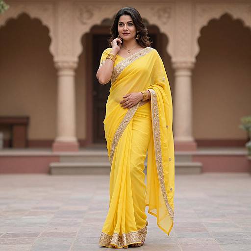 Photograph of a confident Indian woman in a vibrant yellow saree with gold trim, standing in an ornate, arched courtyard.