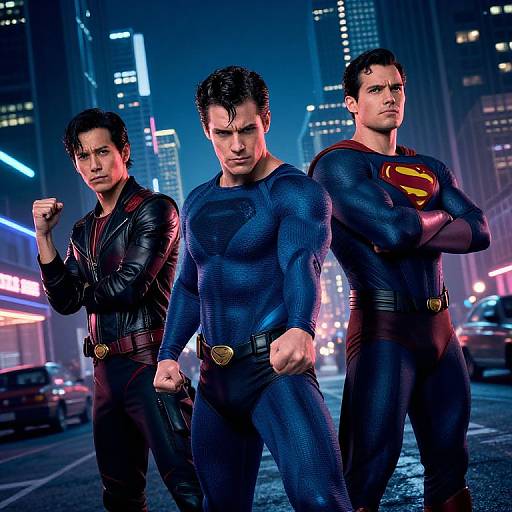 Photograph of three muscular men in superhero costumes standing in a neon-lit city night scene. Left: black leather suit. Center: blue suit with