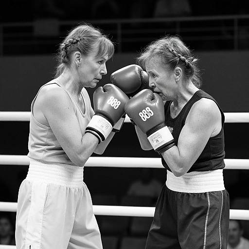Black-and-white photograph of two middle-aged women boxers in the ring, wearing gloves and athletic wear, facing each other, focused on an impending punch