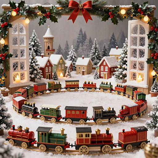 Photograph of a festive Christmas display featuring a circular train set with red and green trains, snow-covered houses, and illuminated windows, framed by holly