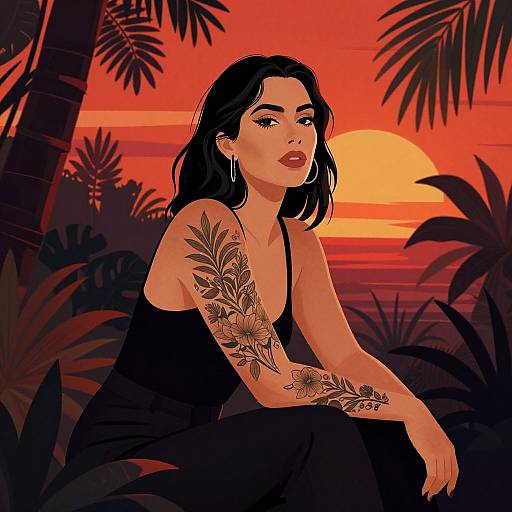 Digital illustration of a tattooed woman with black hair, wearing a black dress, sitting against a red sunset and palm trees.