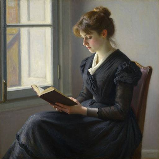 Photograph-style digital painting of a pensive young woman with fair skin, brown hair in a bun, wearing a black Victorian dress, reading a book