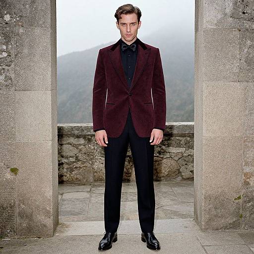 Photograph of a handsome man with short brown hair, wearing a dark maroon velvet blazer, black shirt, and black pants, standing in a