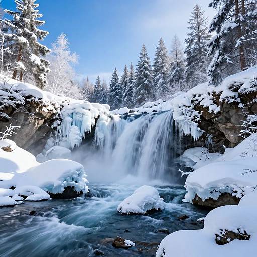 Winter Waterfall with Frosted Pines