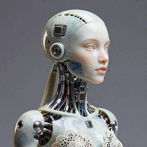 Photorealistic CGI of a female humanoid robot with a sleek, silver metallic head, exposed wires, and a smooth, pale face.
