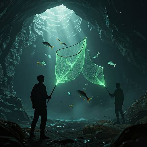 Digital artwork of two silhouetted fishermen in a dark cave, holding glowing nets, catching colorful fish illuminated by sunlight above.