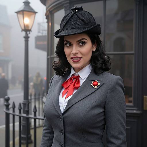 Photograph of a woman with dark wavy hair, wearing a gray suit, red bowtie, black hat, and poppy pin, standing outside