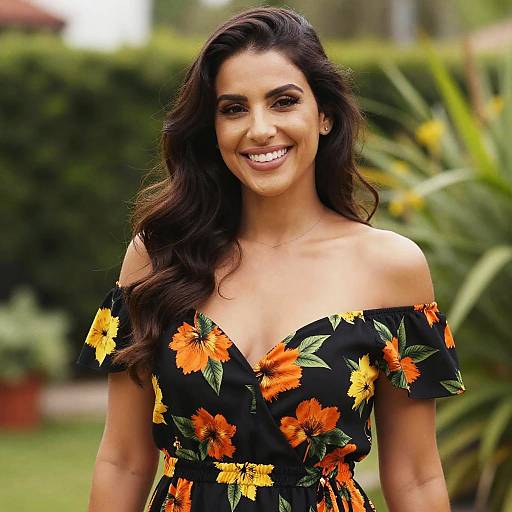 Photograph of a smiling woman with long dark hair, wearing an off-shoulder black dress with vibrant orange and yellow floral patterns, standing in a