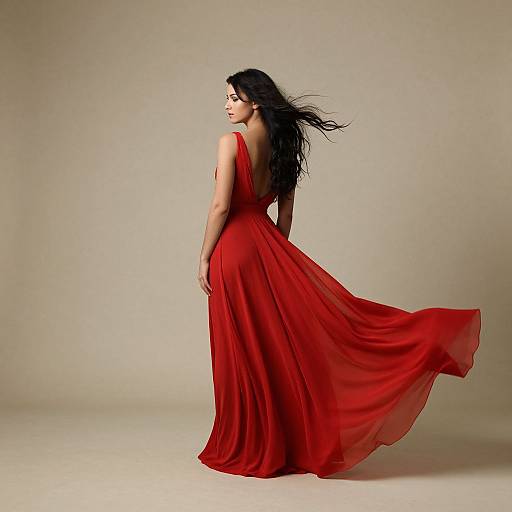 Photograph of a woman with long black hair, wearing a flowing, sleeveless, red gown, standing against a beige background, looking over her shoulder