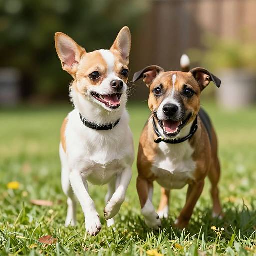 Photograph of two happy dogs, a white and brown Chihuahua and a brown and black Boxer, running on a sunny grassy lawn