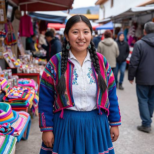 Photograph of a smiling young woman with long black braids, wearing a colorful embroidered jacket and blue skirt, standing in a bustling outdoor market.