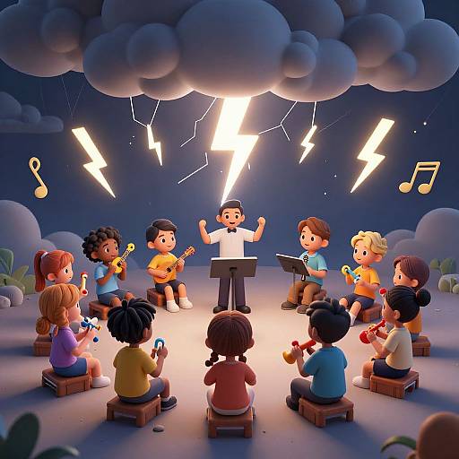 Digital illustration of diverse children singing, led by a boy in a white shirt, under stormy clouds with lightning and musical notes.
