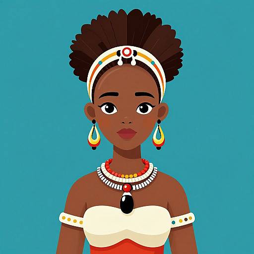 Digital illustration of a dark-skinned African girl with a large afro, wearing a white and red strapless top, beaded necklace, and colorful