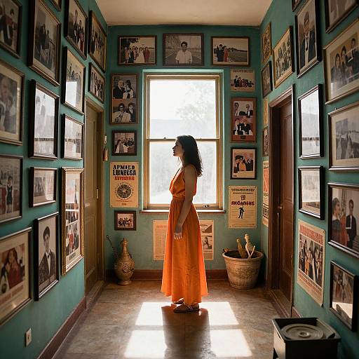 Photograph of a woman in an orange, floor-length dress standing in a sunlit room filled with vintage black-and-white photos on teal walls.