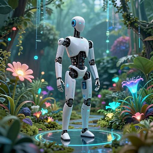 Digital artwork of a white, glowing humanoid robot standing in a vibrant, futuristic forest filled with colorful, bioluminescent flowers and neon lights.