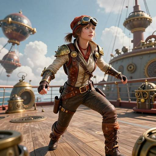 Digital artwork of a determined, steampunk pirate woman with goggles, leather armor, and brown hair, standing on a wooden ship deck with airships