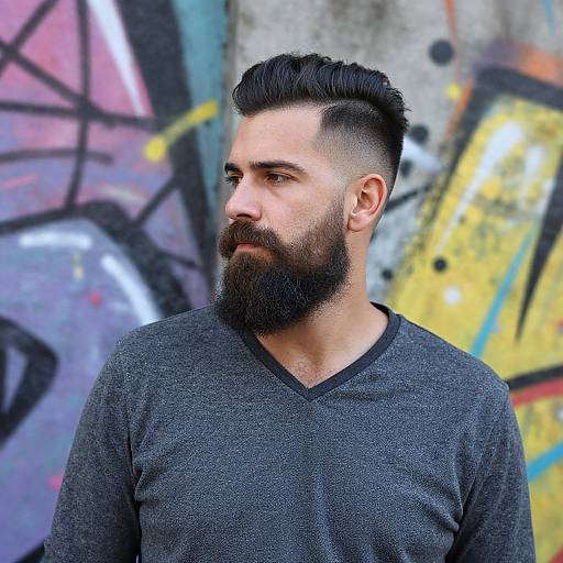 Photograph of a bearded man with a styled black undercut, wearing a dark grey V-neck shirt, standing against a colorful graffiti wall.