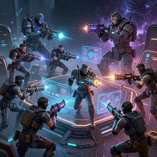 Digital artwork of six heavily armored, futuristic soldiers with glowing blue and orange guns in a neon-lit sci-fi battle scene.