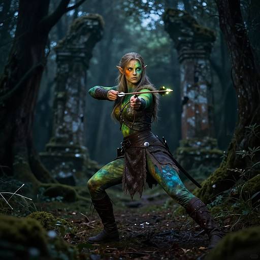 Digital artwork of a fierce, green-tinged elven archer with pointed ears, long silver hair, and glowing green eyes, standing in a
