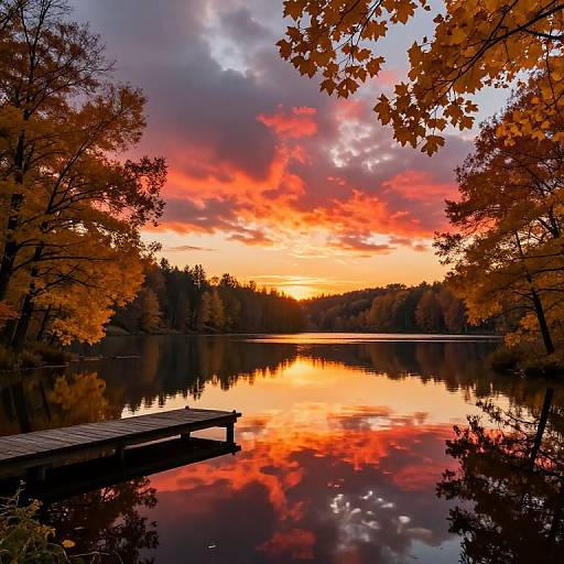 Photograph of a serene lake at sunset, with vibrant red and orange clouds reflected in the calm water, surrounded by autumn trees with golden leaves and a