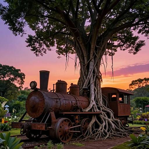 Photograph of a rusty vintage steam locomotive entwined by large tree roots, set against a vibrant orange and pink sunset sky with lush greenery