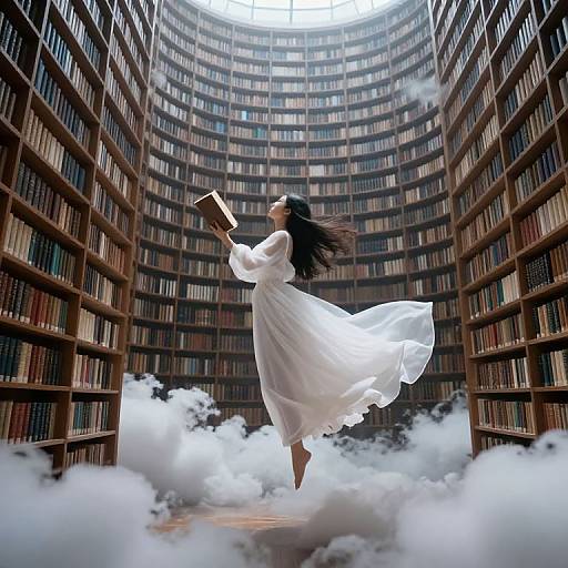 Photograph of a floating woman in a flowing white dress, holding a book, amidst towering, cloud-filled library shelves.