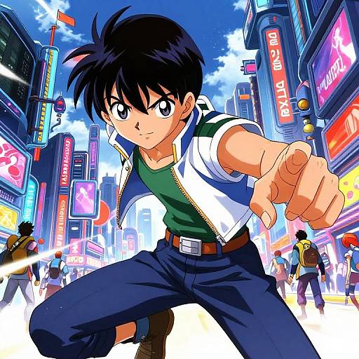 Anime-style drawing of a determined young man with black spiky hair, pointing forward in a vibrant, neon-lit city street.