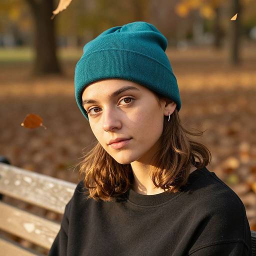 Photograph of a young woman with light brown skin, wearing a teal beanie and black sweater, sitting on a wooden bench in a sunlit autumn