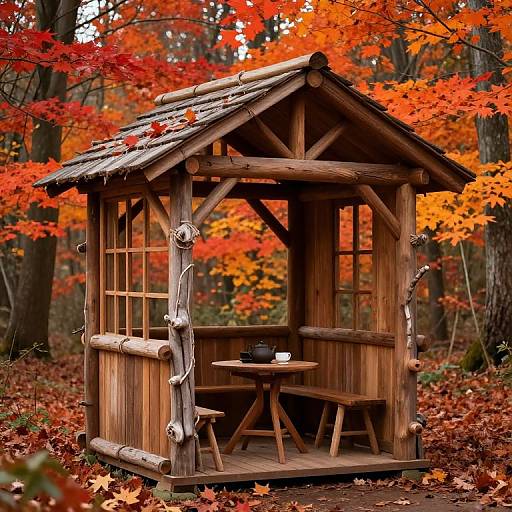 Photograph of a rustic wooden gazebo with a thatched roof, surrounded by vibrant autumn leaves in an orange and red forest.