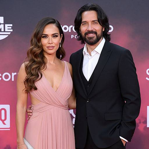 Photograph of Priyanka Chopra in a pink, deep V-neck gown, and Nick Jonas in a black suit and white shirt, standing together
