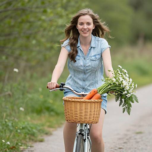 Photograph of a smiling woman with long brown hair, wearing a blue denim shirt and denim shorts, riding a bicycle on a gravel path, carrying a