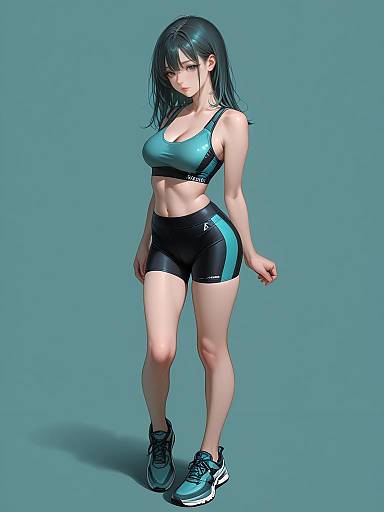 Digital anime-style illustration of a fit, black-haired woman in a teal sports bra and black shorts, standing against a teal background. She wears blue sneakers