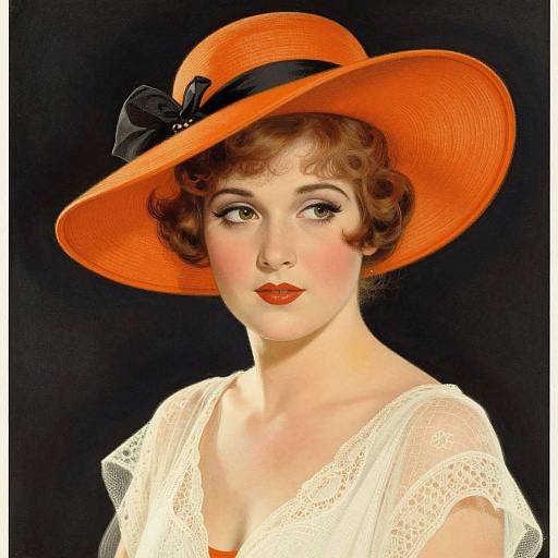 Vintage-style digital portrait of a fair-skinned woman with curled brown hair, wearing a bright orange wide-brimmed hat with a black ribbon, and