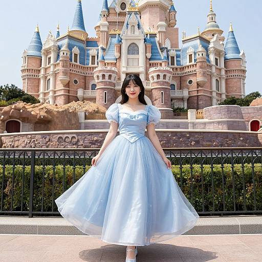 Photograph of a young woman in a light blue, puffed-sleeve, full-skirted dress, standing in front of a colorful,