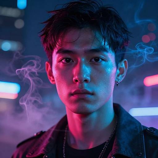 Photograph of Asian man with short, dark hair, wearing a dark jacket, illuminated by blue and pink neon lights, with smoke swirling around his face