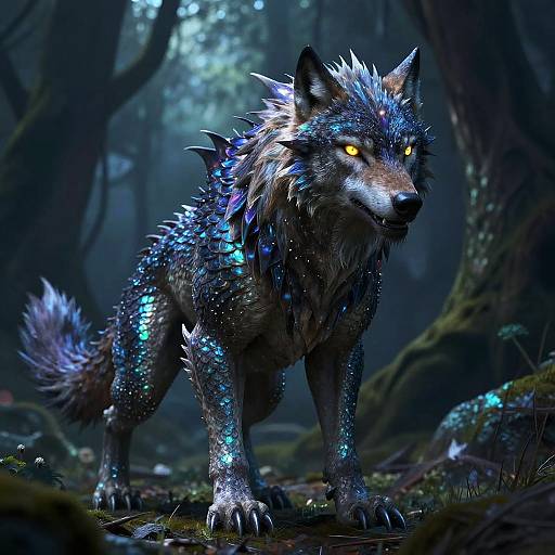 Mythical Wolf Dragon Hybrid in Enchanted Forest