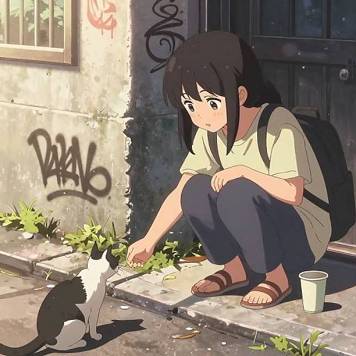 Anime-style digital drawing of a black-haired girl in a yellow shirt and blue jeans, feeding a black and white cat on a sunlit, graffiti-covered