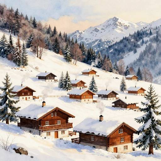 Photograph of a snowy alpine village with wooden chalets scattered on a snow-covered hillside, surrounded by pine trees and snow-capped mountains under
