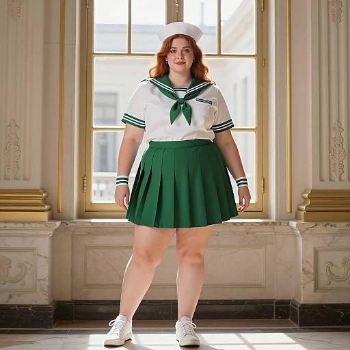 Plus Size Woman in Sailor Uniform by Ornate Window